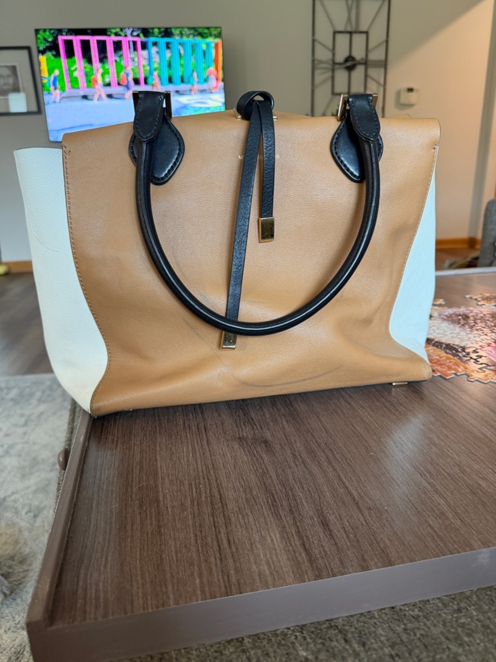Michael Kors Tan, White and Black Leather Tote